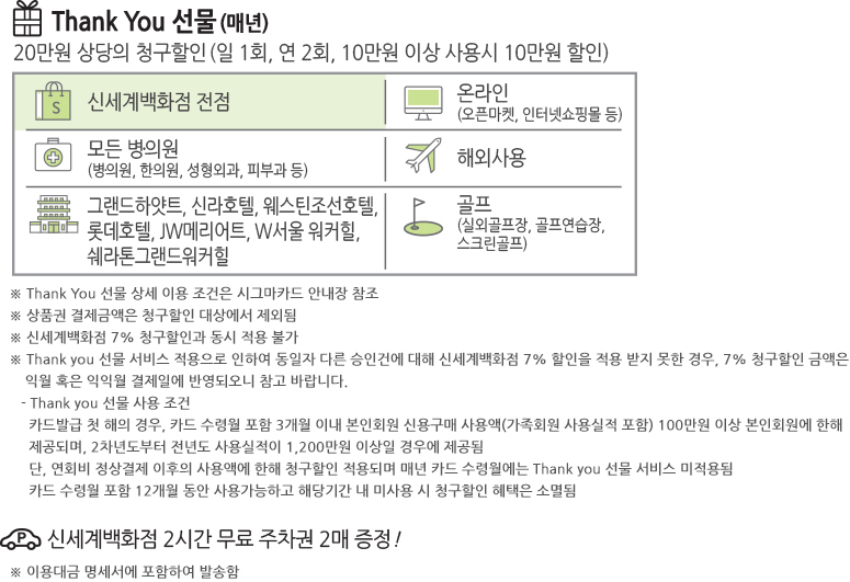 Thank You 선물(매년) : 20만원 상당의 청구할인 (일 1회, 연 2회, 10만원 이상 사용시 10만원 할인) 대상 (신세계백화점 전점, 온라인(오픈마켓, 인터넷쇼핑몰 등), 모든 병.의원(병의원, 한의원, 성형외과, 피부과 등), 해외사용, 그랜드하얏트, 신라호텔, 웨스틴조선호텔, 롯데호텔, JW메리어트, W서울 워커힐, 쉐라톤그랜드워커힐, 골프(실외골프장, 골프연습장, 스크린골프). 유의사항 : ※ Thank You 선물 상세 이용 조건은 시그마카드 안내장 참조, ※ 상품권 결제금액은 청구할인 대상에서 제외됨, *신세계백화점 7% 청구할인과 동시 적용 불가, Thank you 선물 서비스 적용으로 인하여 동일자 다른 승인건에 대해 신세계백화점 7% 할인을 적용 받지 못한 경우, 7% 청구할인 금액은 익월 혹은 익익월 결제일에 반영되오니 참고 바랍니다., * Thank you 선물 사용 조건, 카드발급 첫 해의 경우, 카드 수령월 포함 3개월 이내 본인회원 신용구매 사용액(가족회원 사용실적 포함) 100만원 이상 본인회원에 한해 제공되며, 2차년도부터 전년도 사용실적이 1,200만원 이상일 경우에 제공됨, 단, 연회비 정상결제 이후의 사용액에 한해 청구할인 적용되며 매년 카드 수령월에는 Thank you 선물 서비스 미적용됨, 카드 수령월 포함 12개월 동안 사용가능하고 해당기간 내 미사용 시 청구할인 혜택은 소멸됨. 신세계백화점 2시간 무료 주차권 2매증정! 유의사항 : 이용대금 명세서에 포함하여 발송함