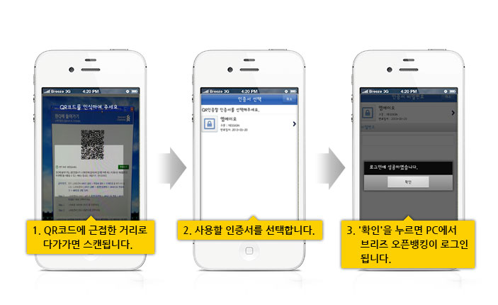 한Q에 들어가기 팝업 화면에서 스캔 후 사용할 인증서 선택 후 로그인처리 화면